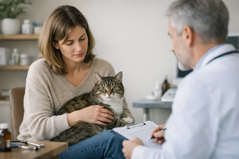 Tierarztbesuch bei Katzen mit Vorerkrankungen Eine Katze beim Tierarzt-Check-up, um ihre Gesundheit zu prüfen.
