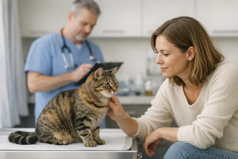 Vorsorgeuntersuchung bei einer Katze Eine Katze wird beim Tierarzt untersucht, um vorsorgliche Gesundheitschecks durchzuführen.