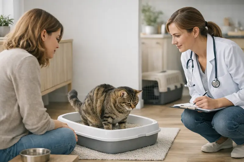 Tierarztuntersuchung bei Harn- und Darmproblemen Eine Katze bei einem Tierarzt, die auf Harn- oder Darmprobleme untersucht wird.