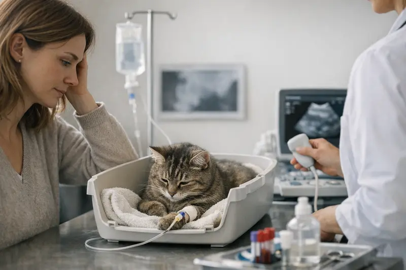 Eine Katze sitzt nachdenklich vor ihrem Katzenklo, während der Halter an die steigenden Tierarztrechnungen denkt.