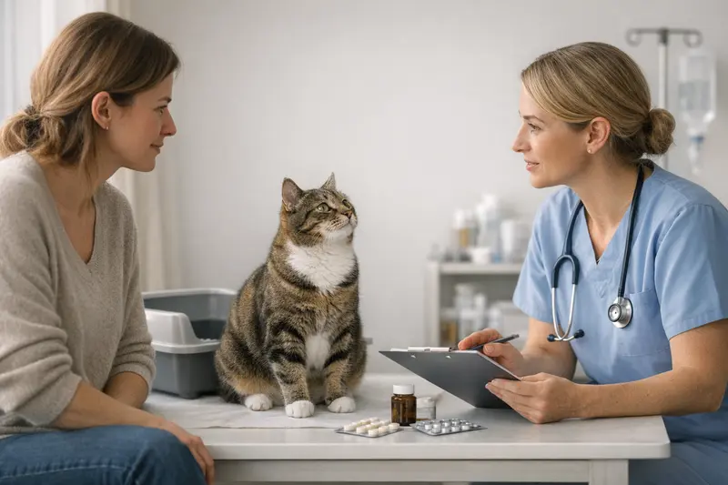 Tarifdetails für Katzenversicherungen Ein Tierarzt untersucht eine Katze, um Tarifdetails bei wiederkehrenden Beschwerden zu besprechen.