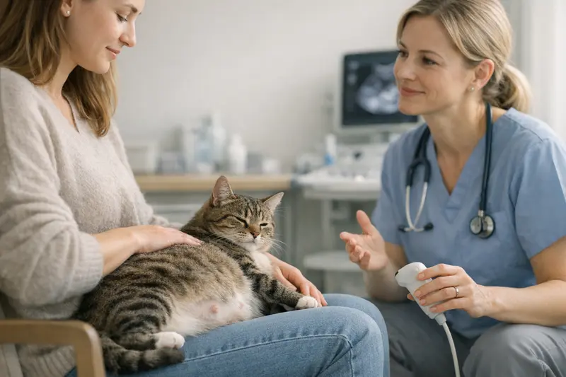 Katzengesundheit während der Trächtigkeit Schwangere Katze entspannt auf einem Sofa, symbolisiert Gesundheit und Sicherheit während der Trächtigkeit.