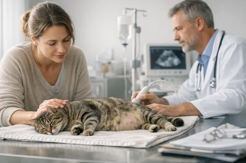 Tierarztkosten bei Geburt Eine werdende Katze in der Tierarztpraxis während einer Untersuchung.