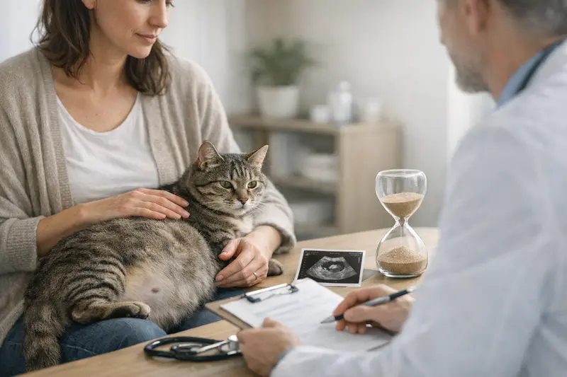 Schwangere Katze vor ihrem Tierarztbesuch zur Untersuchung der Schwangerschaft und Fragen zu Wartezeiten.