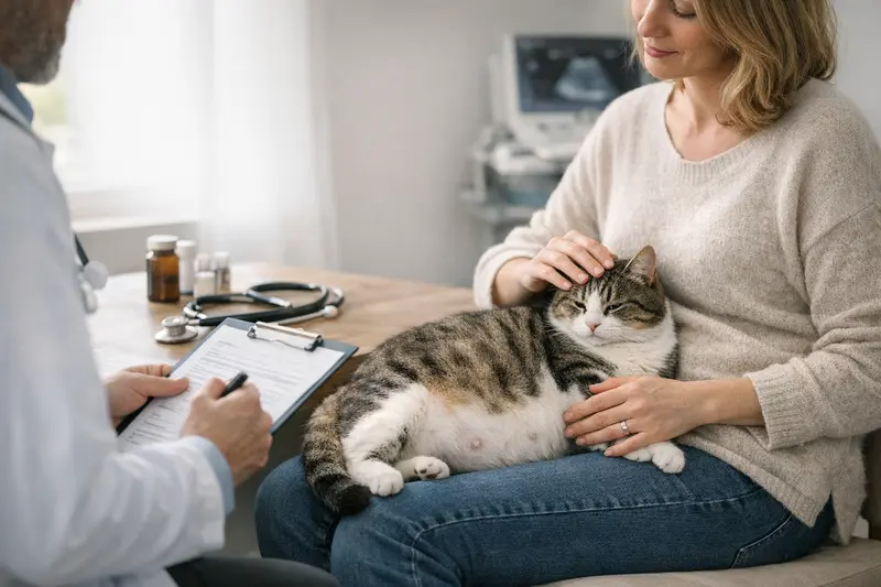 Eine Katze beim Tierarzt, die auf einer Untersuchungsliege sitzt und medizinische Ausrüstung im Hintergrund zeigt, was die Wichtigkeit der OP- und Notfallleistungen hervorhebt.
