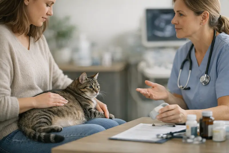 Tierarztuntersuchung trächtiger Katze Eine trächtige Katze bei einer Tieruntersuchung, die zeigt, dass der OP-Schutz nicht ausreicht.