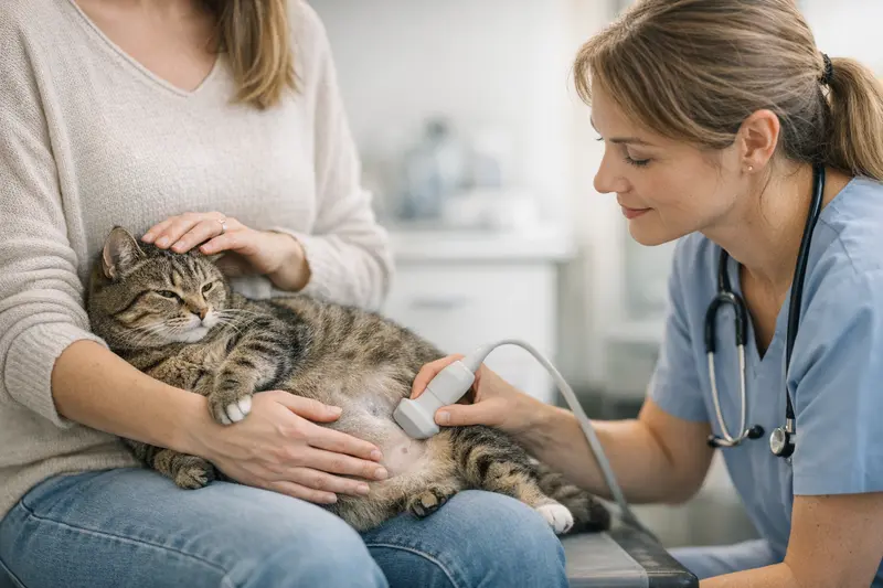 Schwangere Katze beim Tierarzt zur Untersuchung der Trächtigkeit