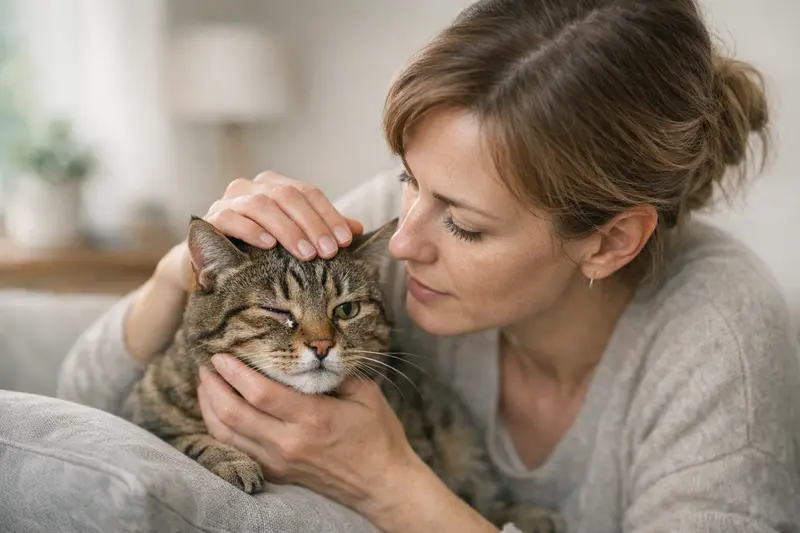 Eine Katze mit tränendem Auge, die aufmerksam schaut.
