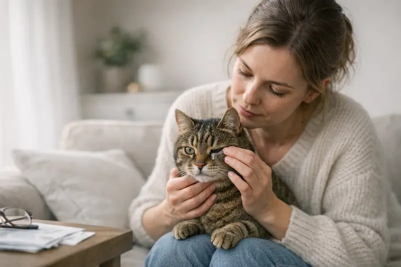 Augenprobleme bei Katzen verstehen Katze mit tränendem Auge und aufmerksamem Blick, symbolisiert gesundheitliche Bedenken.