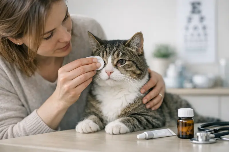 Cat Eye Health and Insurance Coverage Eine Katze mit tränenden Augen in einer tierärztlichen Praxis zur Diagnostik