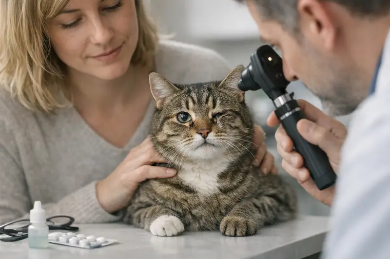 Tierarztkosten bei tränenden Augen von Katzen Eine Katze mit tränendem Auge beim Tierarzt während einer Untersuchung.
