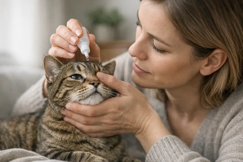Eine Katze wird von einem Tierarzt untersucht, um sicherzustellen, dass sie die notwendigen Augentropfen erhält.