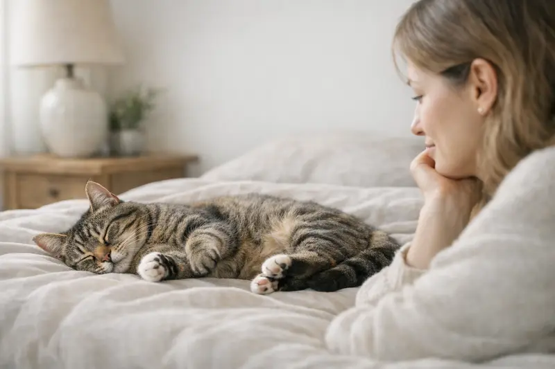 Eine schlafende Katze, die im Schlaf zuckt und mit den Pfoten läuft.