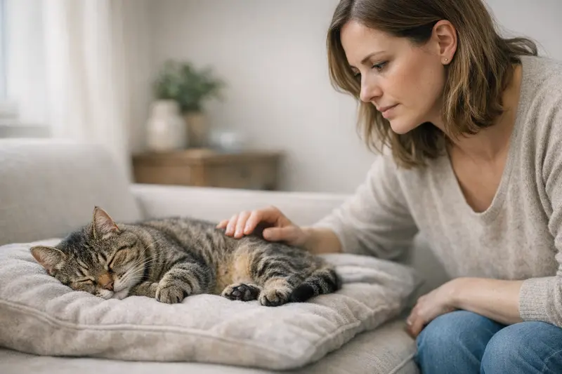 Eine Katze träumt im Schlaf und zuckt leicht mit den Pfoten, was auf ihre Ruhe und Entspannung hinweist.