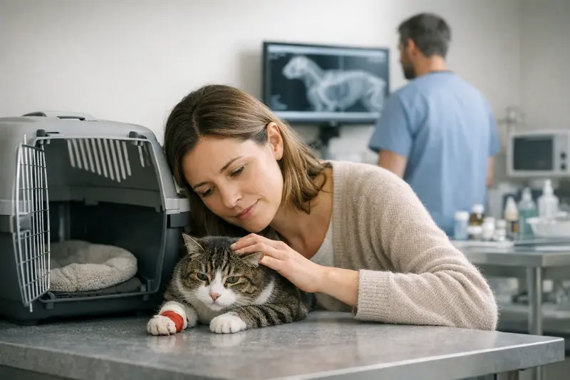 Tierarztkosten nach Transportvorfall Ein Tierarzt untersucht eine Katze nach einem Transportvorfall.