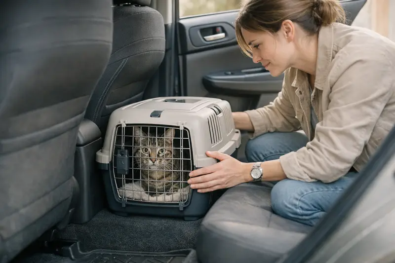 Katzen-Transportbox sicher im Auto positionieren Eine sichere Katzen-Transportbox im Fußraum eines Autos, optimal für den Transport.