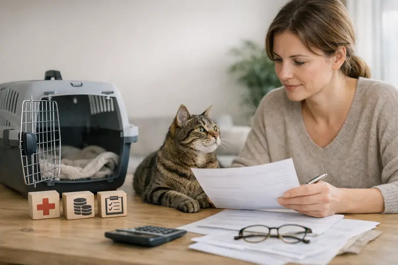 Tarifvergleich Tierkrankenversicherung Ein Hund und eine Katze werden von einem Tierarzt untersucht, während die Tierhalter die Versicherungsunterlagen vergleichen.