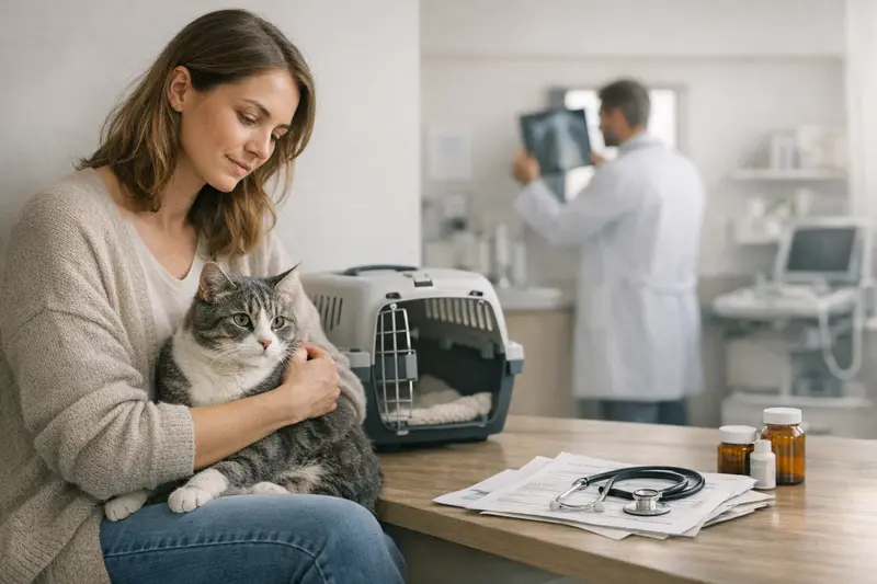 Katze beim Tierarzt - Medizinische Kosten im Blick Eine Katze auf einer Untersuchungsliege beim Tierarzt, die mögliche Kosten für medizinische Behandlungen symbolisiert.