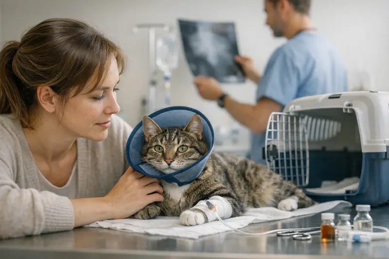 Tierarztkosten nach Transport-Zwischenfall Tierarztuntersuchung eines Haustiers nach einem Transport-Zwischenfall, das die Bedeutung der Tiergesundheit zeigt.