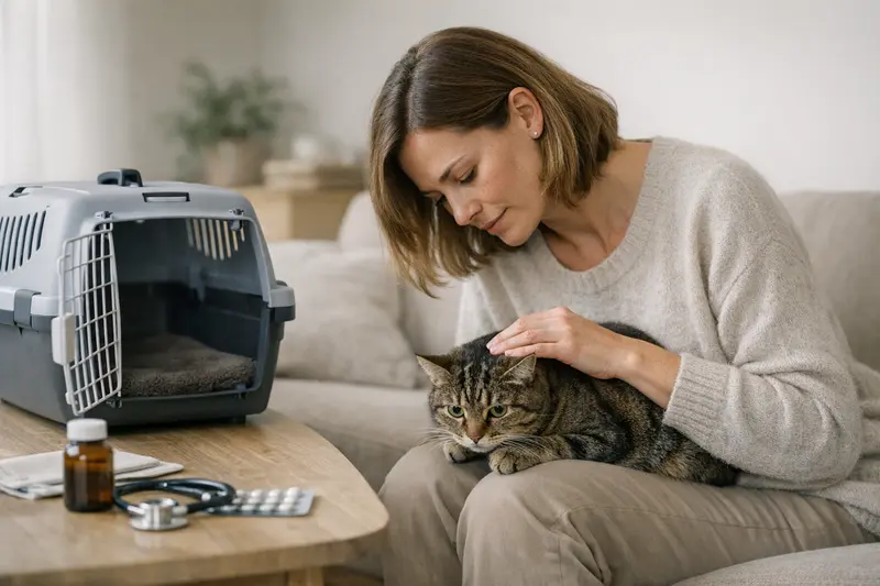 Katzenversicherung und Stressreaktionen Eine Katzenbesitzerin bespricht die Gesundheitsversorgung ihrer Katze mit einem Tierarzt.