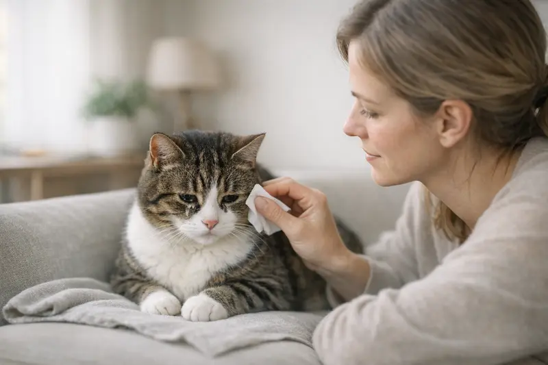 Traurige Katze mit tränenden Augen Eine nachdenkliche Katze mit tränenden Augen, die die Symptome von Traurigkeit zeigt.