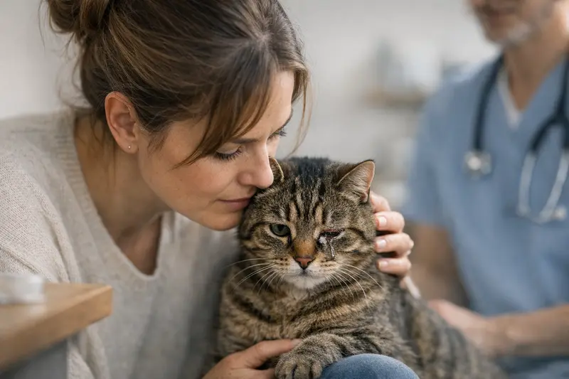 Katzengesicht mit tränenden Augen, das besorgt wirkt.