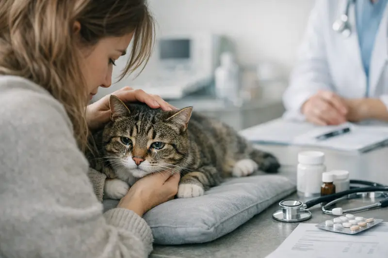 Katzengesundheit und Tierarztkosten Eine Katze mit tränenden Augen beim Tierarzt, was auf mögliche gesundheitliche Probleme hinweist.