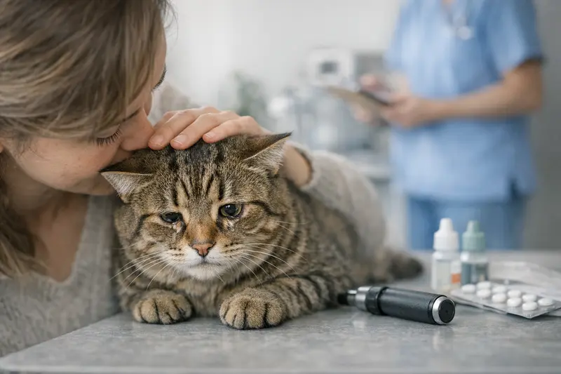 Tierarzt untersucht eine Katze mit tränenden Augen auf Augenprobleme.