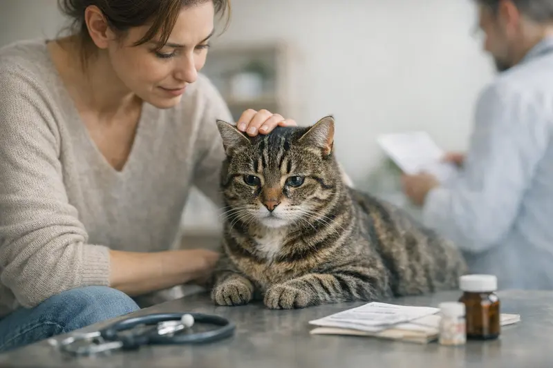 Traurige Katze beim Tierarzt Katzengesicht mit traurigen, tränenden Augen, das eine tierärztliche Untersuchung erleben könnte.