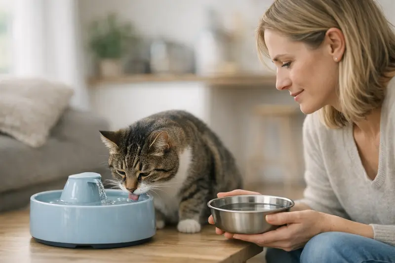Trinkbrunnen für Katzen im Vergleich zum Wassernapf Eine Katze trinkt aus einem Trinkbrunnen und zeigt eine Vorliebe für fließendes Wasser.