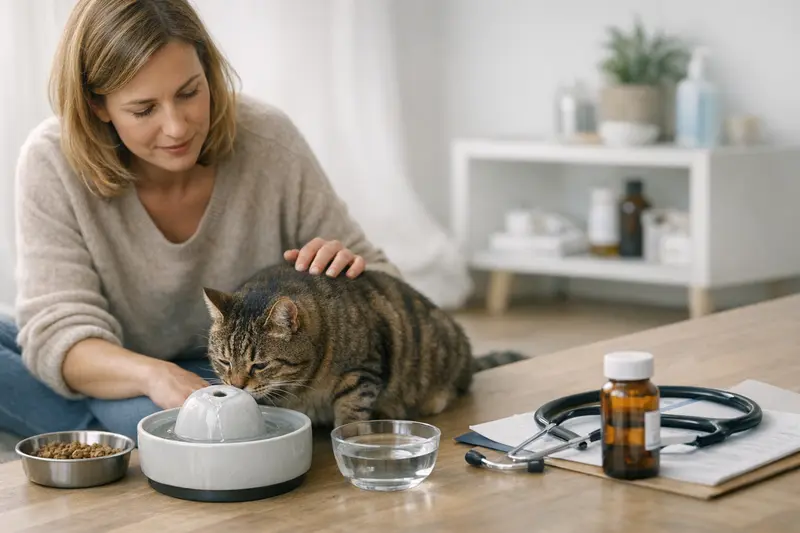 Katze in einem Garten mit einem Wassernapf und einem Trinkbrunnen, während ein Tierhalter über OP-Versicherungen nachdenkt.