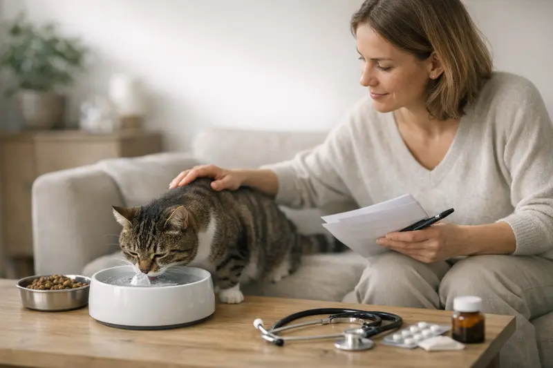 Katzengesundheit und Versicherungsvergleich Eine Katze trinkt aus einem Wasserbrunnen, während ihre Haltung Gesundheit und Wohlbefinden symbolisiert.