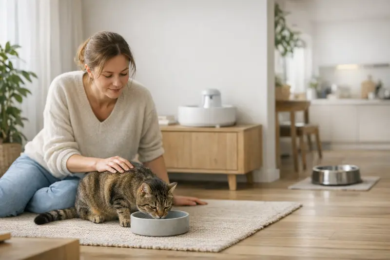 Katzen neben verschiedenen Trinkstellen in einer modernen Wohnung