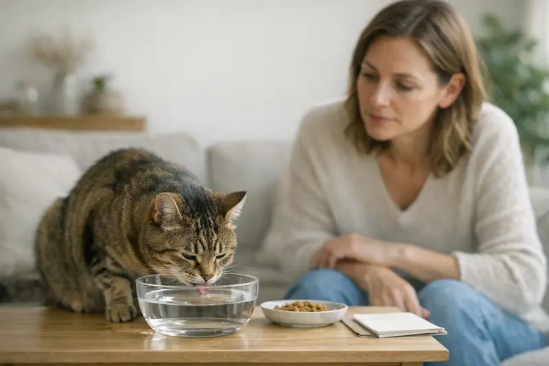 Katze trinkt mehr Wasser bei Trockenfutter Katze, die aus einem sauberen Wassernapf trinkt, während sie Trockenfutter frisst