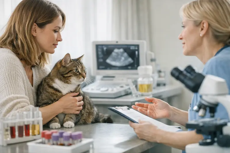 Eine Katze beim Tierarzt zur Untersuchung von Laborergebnissen.