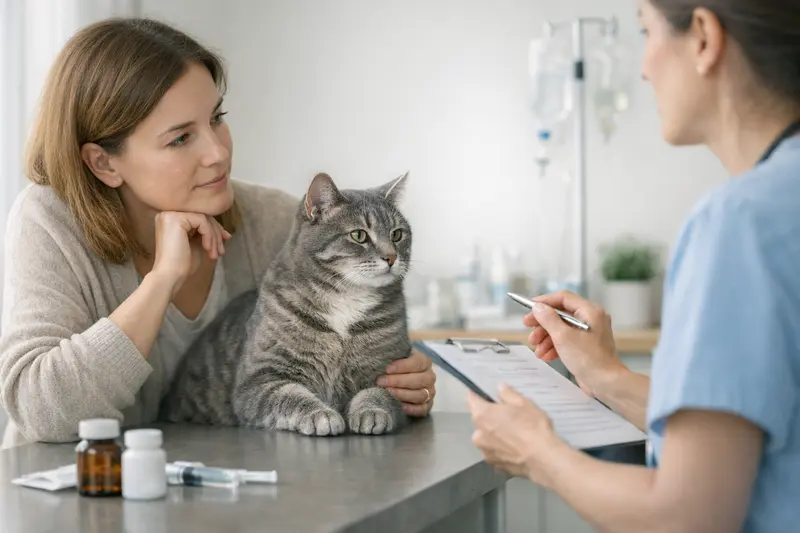 Eine Katze im Tierarztzimmer, während die Halterin die Versicherungsunterlagen prüft.