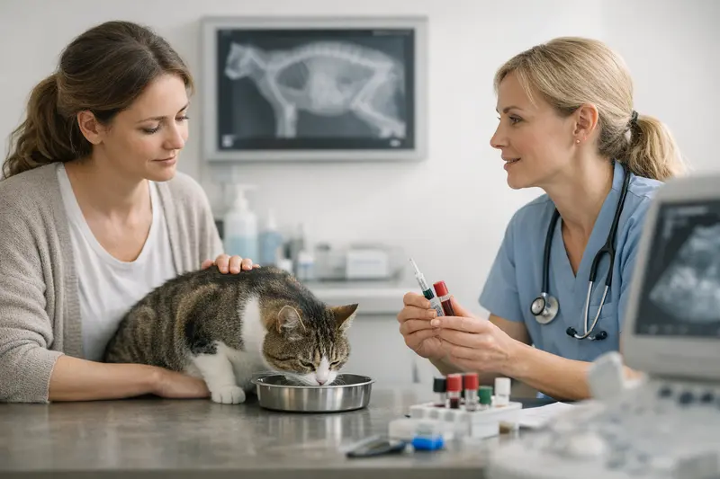Tierarztuntersuchung bei durstiger Katze Katzendoktor untersucht eine Katze mit auffälligem Durst und bespricht die Ergebnisse wie Urin- und Blutwerte.