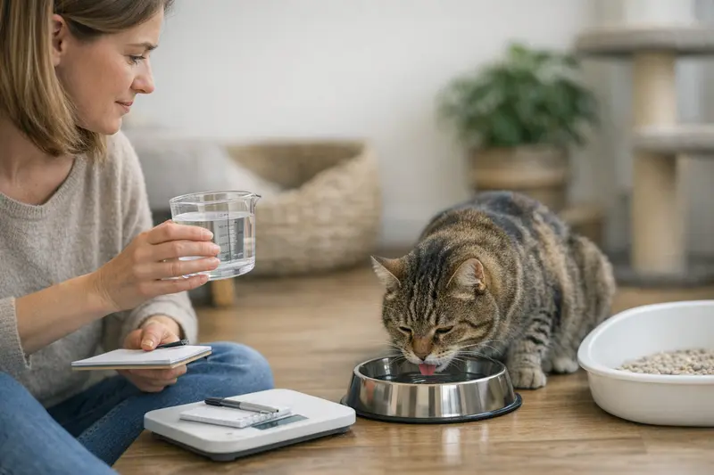 Eine Katze trinkt aus einem Napf, während der Halter ihre Trinkgewohnheiten beobachtet.