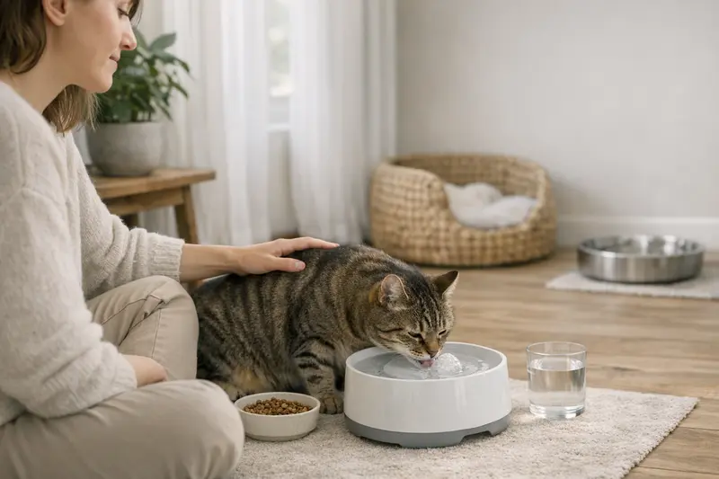 Eine Katze trinkt aus einem modernen Trinkbrunnen, während im Hintergrund eine Schüssel mit Trockenfutter steht.