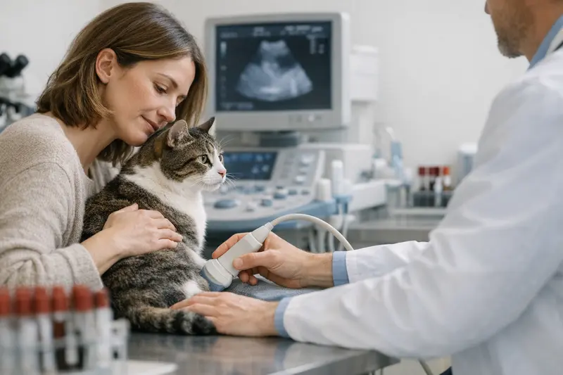 Eine Katze wird tierärztlich untersucht, während Diagnosegeräte im Hintergrund sichtbar sind.