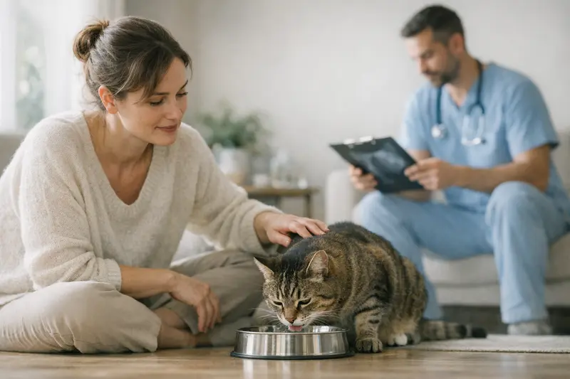 Katzenkrankenversicherung oder OP-Versicherung? Eine Katze beim Tierarzt, die auf ihre Gesundheit beobachtet wird, während der Halter über eine Krankenversicherung nachdenkt.
