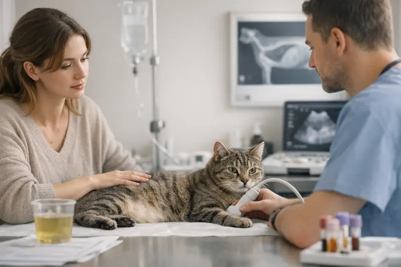 Kater wird von Tierarzt untersucht, um Harnwegsprobleme auszuschließen.