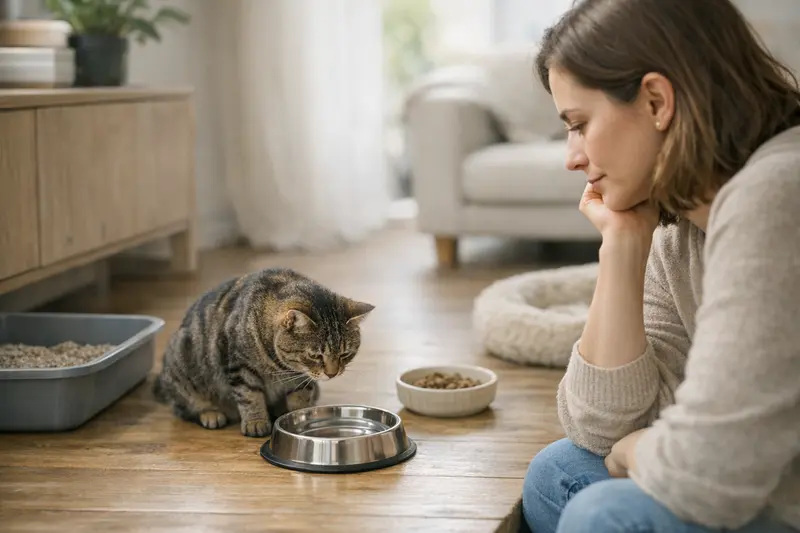Katze trinkt zu wenig - Anzeichen erkennen Eine Katze steht neben ihrem Wassernapf, der kaum berührt ist, was auf zu wenig Flüssigkeitsaufnahme hinweisen könnte.