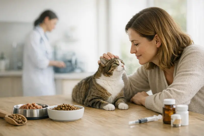 Eine Gesundheitsaussicht auf eine Katze beim Tierarzt, die untersucht wird, um mögliche ernährungsbedingte Erkrankungen festzustellen.