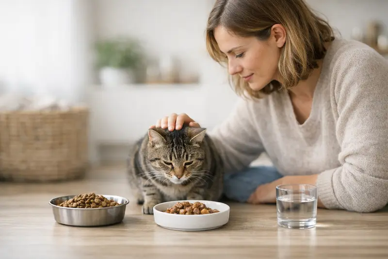 Katzenfutter: Nass- vs. Trockenfutter Eine Katze frisst aus einer Schüssel mit Nassfutter, während eine andere Schüssel mit Trockenfutter daneben steht.