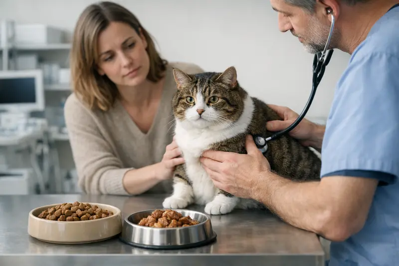 Katzenfutter und Gesundheit Gesunde Katze mit hochwertigem Futter im Napf, das zur Vorbeugung von Tierarztkosten beiträgt.