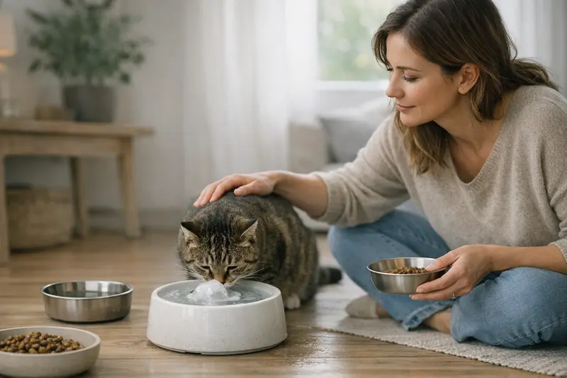 Eine Katze trinkt aus einem sauberem Wassernapf, um eine ausreichende Flüssigkeitsaufnahme bei Trockenfütterung sicherzustellen.