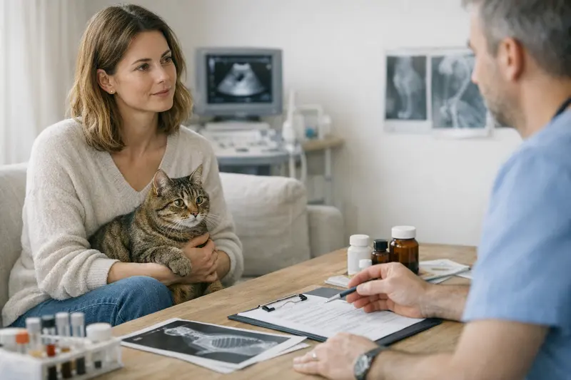 Tarifvergleich für Katzenversicherungen Katzenhalter vergleicht verschiedene Tarife für Katzenversicherungen am Laptop.