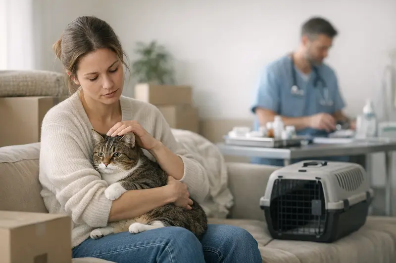 Tierarztkosten beim Umzug für Katzen Eine Katze beim Tierarzt mit einer Tierärztin, die eine Untersuchung durchführt, was beispielhaft für Umzugskosten und tiermedizinische Absicherungen steht.