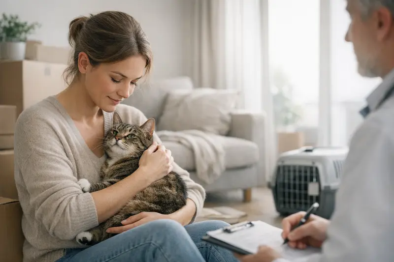 Eine Katze sitzt neugierig in einem Umzugskarton und schaut nach draußen.